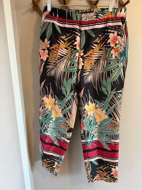 Zara Basic Tropical Floral Satin Tapered Ankle Pants Black Multi Large